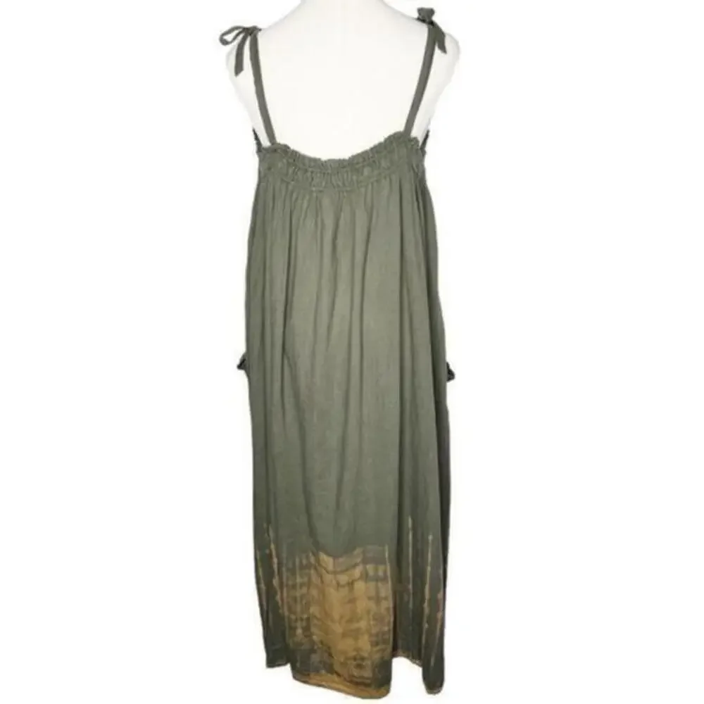 FREE PEOPLE Tie‎ Shoulder Oversized Boho Dress Olive Tie Dye Size Small